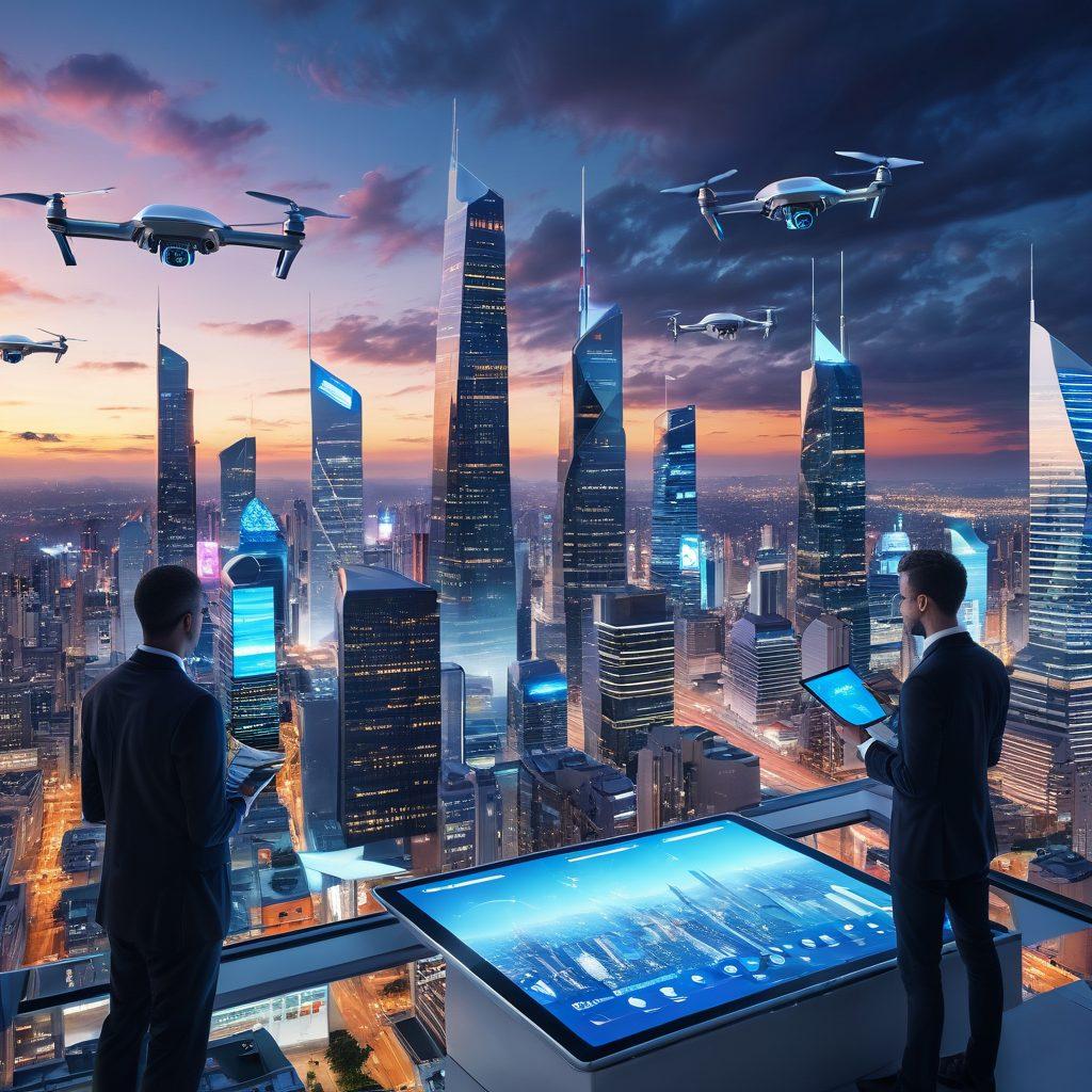 A futuristic cityscape featuring a digital insurance platform interface in the foreground, with diverse people using tablets and smartphones to explore insurance options. The skyline reflects advancements in technology, with drones and floating screens displaying insurance benefits. The scene is bright and vibrant, symbolizing hope and innovation in coverage solutions. super-realistic. vibrant colors. urban background.